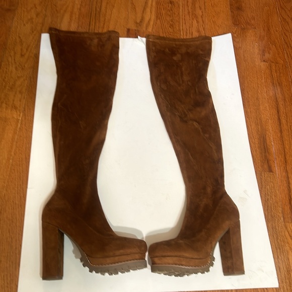 FASHION NOVA faux SUEDE OVER KNEE PLATFORM HEELS BOOTE IN BROWN HALF ZIP SIZ 6.5 - Picture 3 of 9